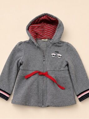 Fendi Gray Hooded Girls Zip Jacket with Red Ribbon and Striped Lining